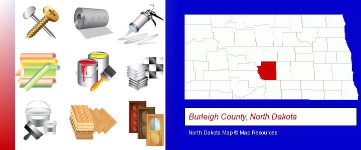 representative building materials; Burleigh County, North Dakota highlighted in red on a map