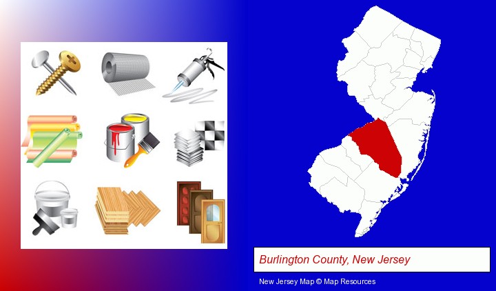 representative building materials; Burlington County, New Jersey highlighted in red on a map