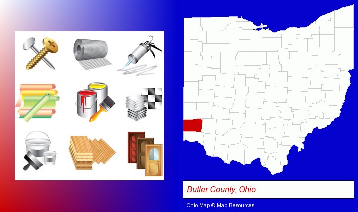 representative building materials; Butler County, Ohio highlighted in red on a map