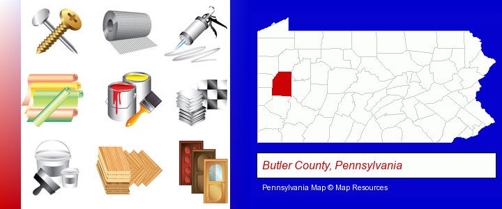 representative building materials; Butler County, Pennsylvania highlighted in red on a map