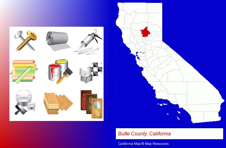 representative building materials; Butte County, California highlighted in red on a map