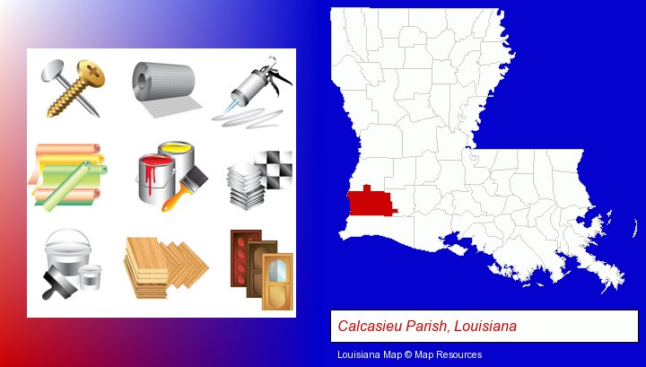 representative building materials; Calcasieu Parish, Louisiana highlighted in red on a map