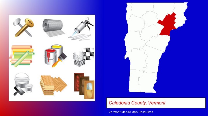 representative building materials; Caledonia County, Vermont highlighted in red on a map