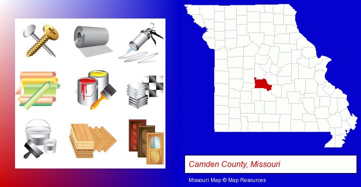 representative building materials; Camden County, Missouri highlighted in red on a map