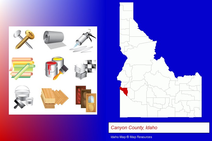 representative building materials; Canyon County, Idaho highlighted in red on a map