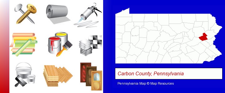 representative building materials; Carbon County, Pennsylvania highlighted in red on a map