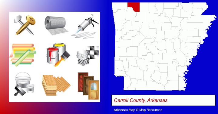representative building materials; Carroll County, Arkansas highlighted in red on a map