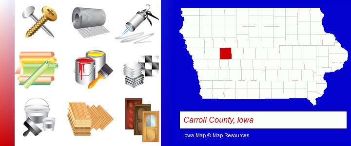 representative building materials; Carroll County, Iowa highlighted in red on a map