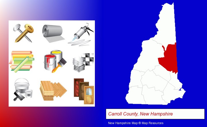 representative building materials; Carroll County, New Hampshire highlighted in red on a map