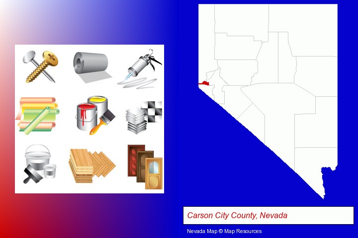 representative building materials; Carson City County, Nevada highlighted in red on a map
