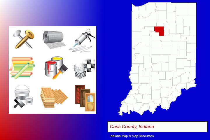 representative building materials; Cass County, Indiana highlighted in red on a map