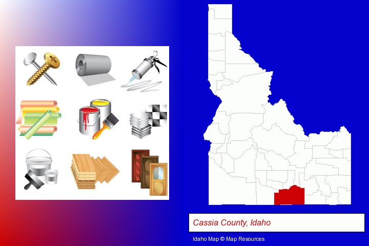 representative building materials; Cassia County, Idaho highlighted in red on a map
