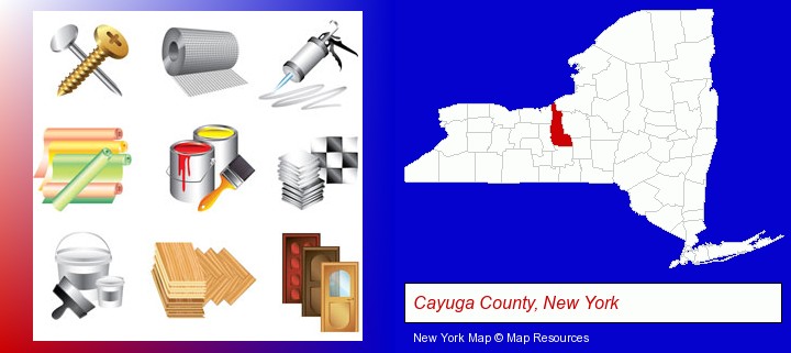 representative building materials; Cayuga County, New York highlighted in red on a map