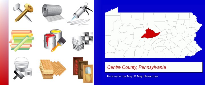 representative building materials; Centre County, Pennsylvania highlighted in red on a map