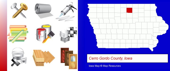 representative building materials; Cerro Gordo County, Iowa highlighted in red on a map
