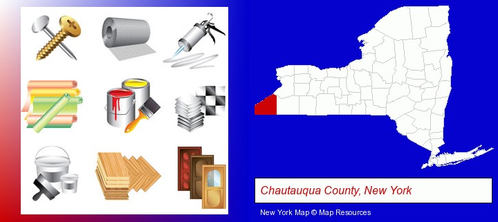 representative building materials; Chautauqua County, New York highlighted in red on a map