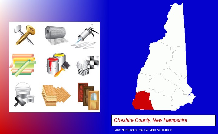 representative building materials; Cheshire County, New Hampshire highlighted in red on a map