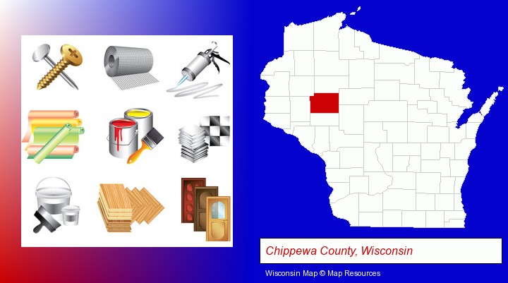 representative building materials; Chippewa County, Wisconsin highlighted in red on a map