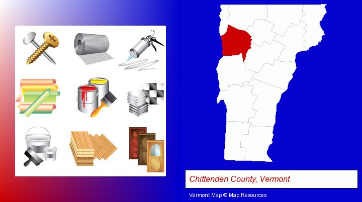 representative building materials; Chittenden County, Vermont highlighted in red on a map