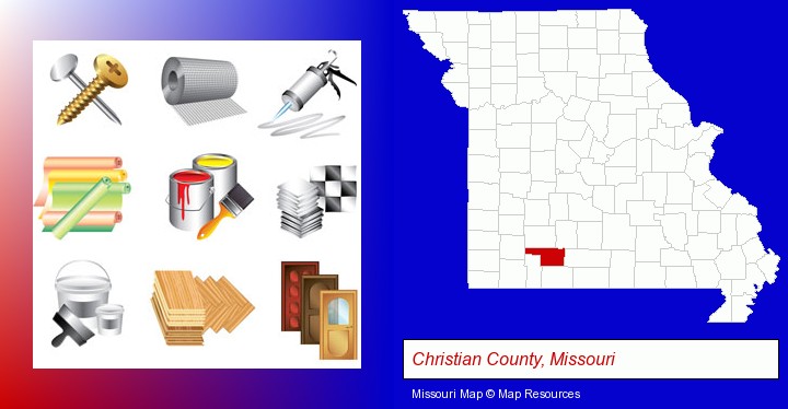 representative building materials; Christian County, Missouri highlighted in red on a map