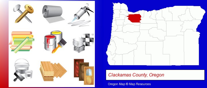 representative building materials; Clackamas County, Oregon highlighted in red on a map
