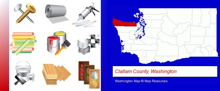 representative building materials; Clallam County, Washington highlighted in red on a map