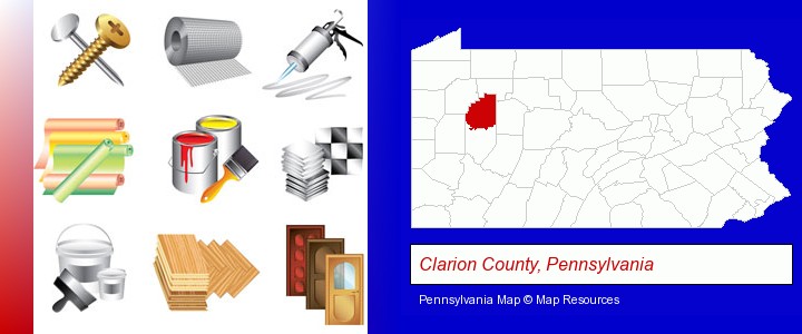 representative building materials; Clarion County, Pennsylvania highlighted in red on a map