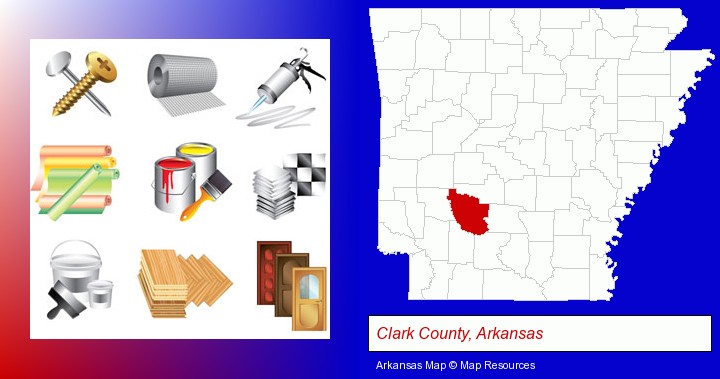 representative building materials; Clark County, Arkansas highlighted in red on a map