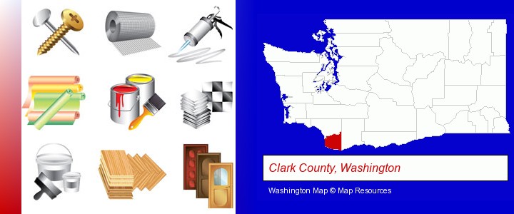 representative building materials; Clark County, Washington highlighted in red on a map