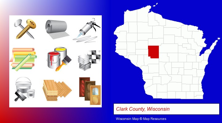 representative building materials; Clark County, Wisconsin highlighted in red on a map
