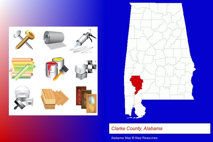 representative building materials; Clarke County, Alabama highlighted in red on a map
