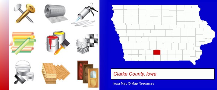 representative building materials; Clarke County, Iowa highlighted in red on a map