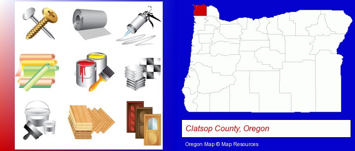 representative building materials; Clatsop County, Oregon highlighted in red on a map