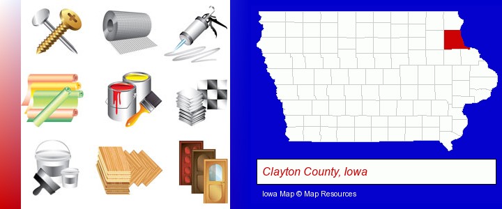 representative building materials; Clayton County, Iowa highlighted in red on a map