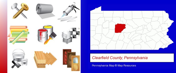 representative building materials; Clearfield County, Pennsylvania highlighted in red on a map