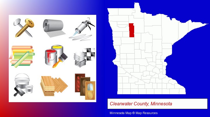 representative building materials; Clearwater County, Minnesota highlighted in red on a map