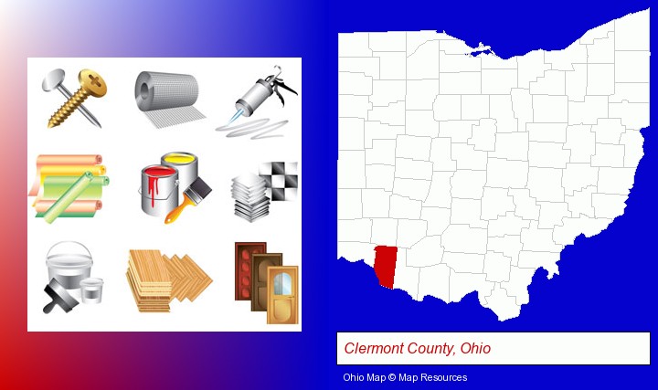representative building materials; Clermont County, Ohio highlighted in red on a map