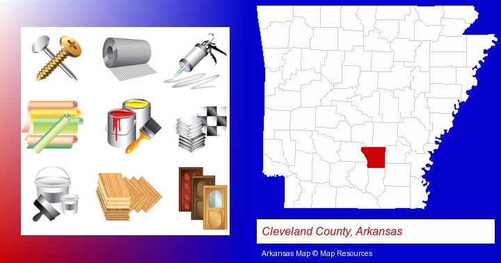 representative building materials; Cleveland County, Arkansas highlighted in red on a map