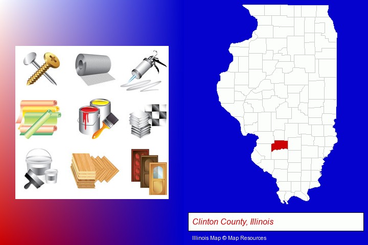 representative building materials; Clinton County, Illinois highlighted in red on a map