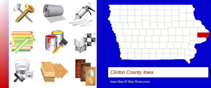 representative building materials; Clinton County, Iowa highlighted in red on a map