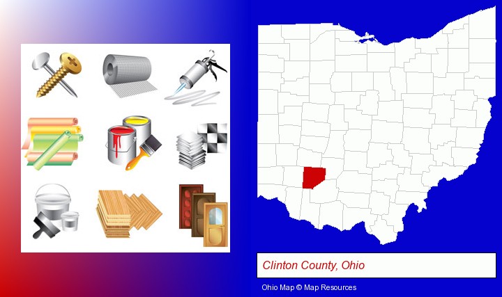 representative building materials; Clinton County, Ohio highlighted in red on a map
