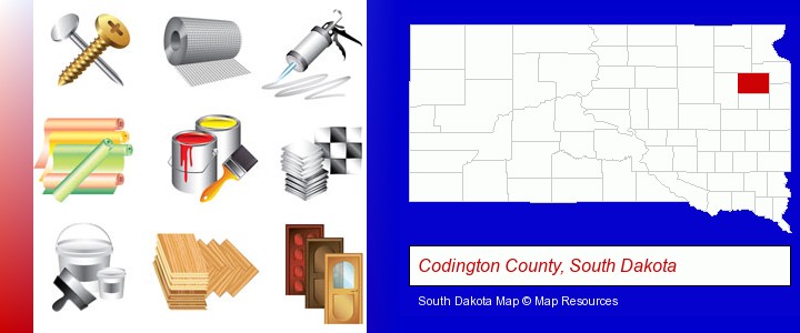 representative building materials; Codington County, South Dakota highlighted in red on a map