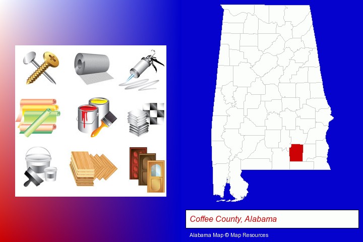 representative building materials; Coffee County, Alabama highlighted in red on a map