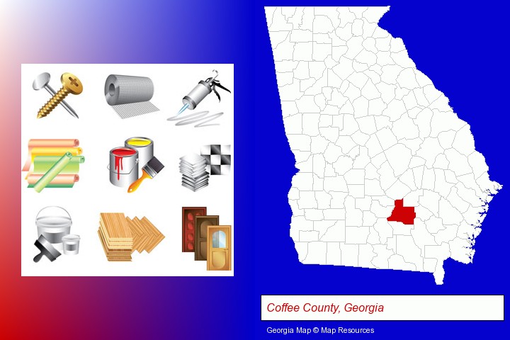 representative building materials; Coffee County, Georgia highlighted in red on a map