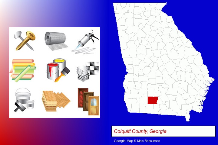 representative building materials; Colquitt County, Georgia highlighted in red on a map