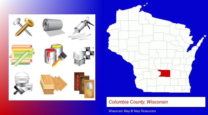 representative building materials; Columbia County, Wisconsin highlighted in red on a map