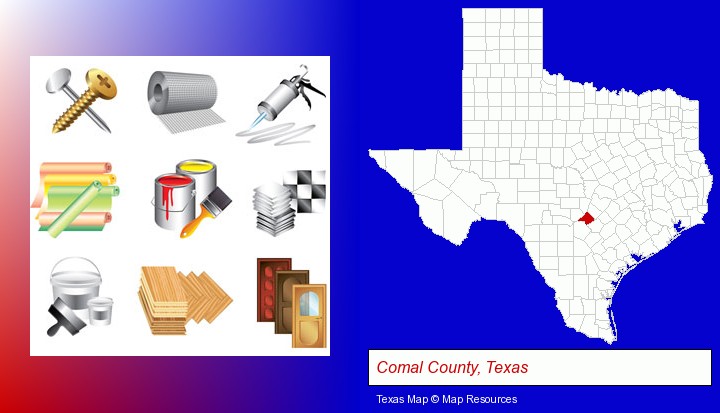 representative building materials; Comal County, Texas highlighted in red on a map