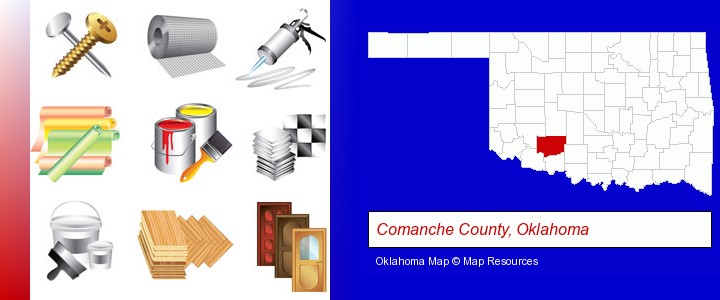 representative building materials; Comanche County, Oklahoma highlighted in red on a map