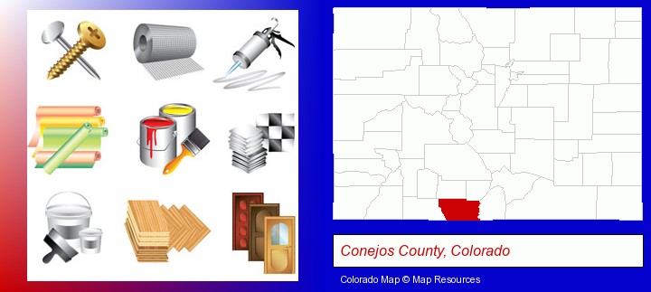 representative building materials; Conejos County, Colorado highlighted in red on a map
