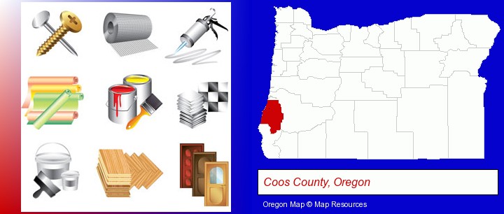 representative building materials; Coos County, Oregon highlighted in red on a map